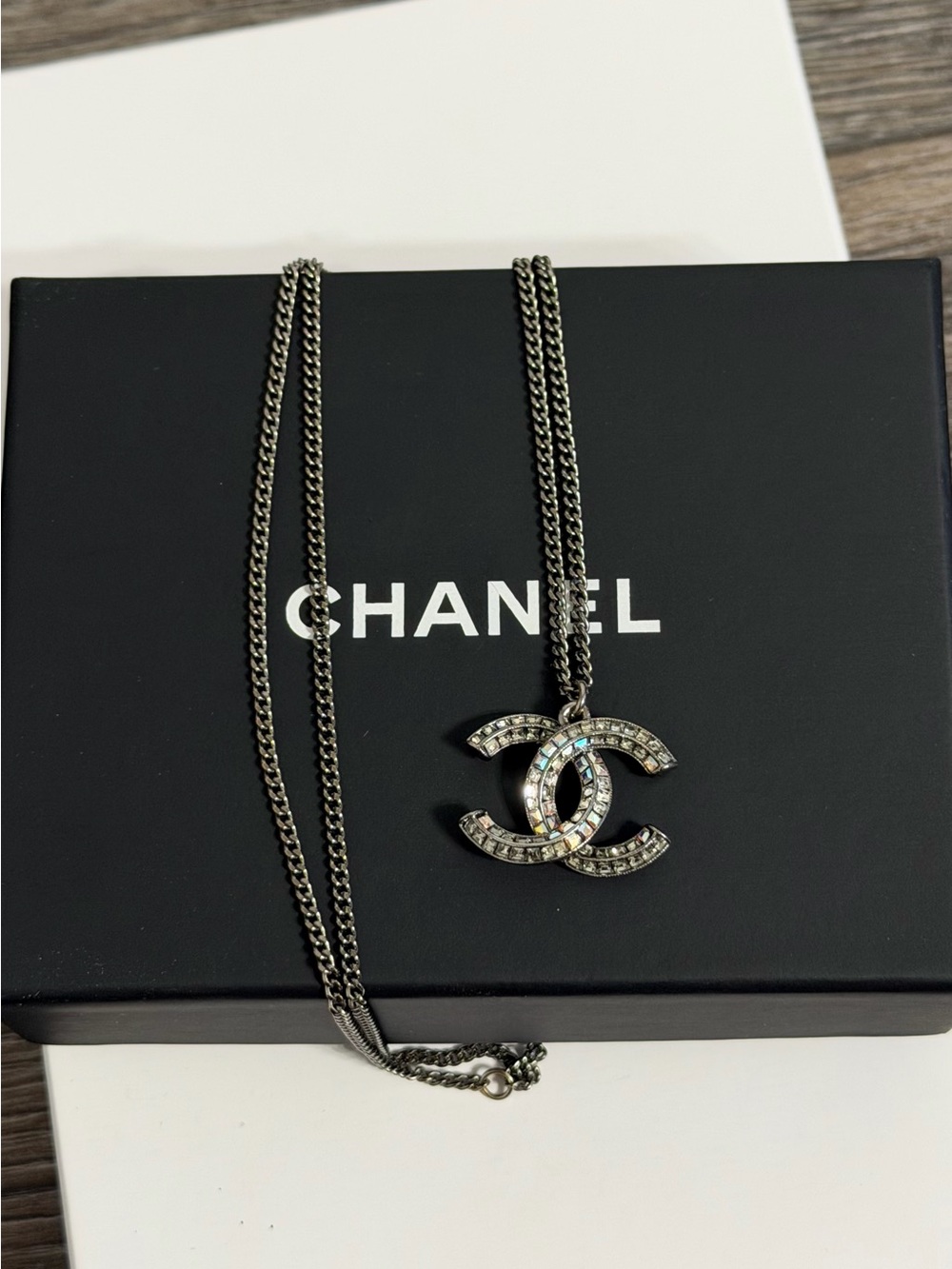 Chanel Silver Crystal CC Pendant Necklace